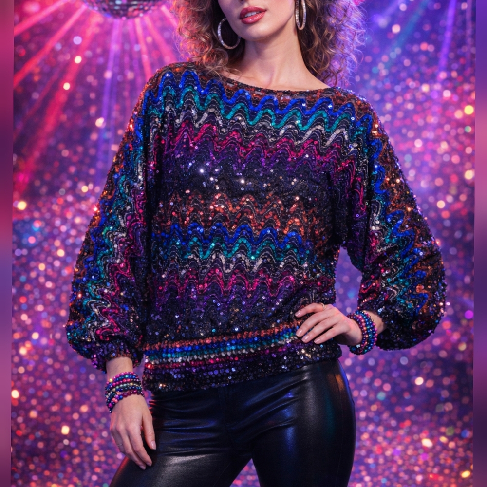 Miss H Vintage 80s Colorful Sequin Long Sleeve Disco Blouse Top sz L